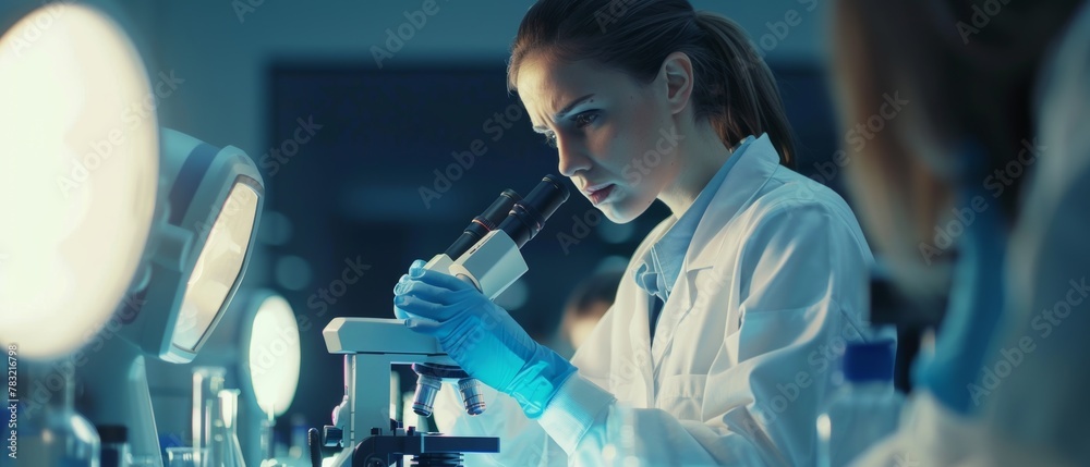Poster The female researcher is microscopically evaluating study data using the tablet computer screen of the scientist.