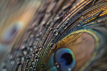 Peacock Feather Detail Enhanced by Droplets in Macro Photography
