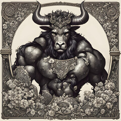 The ancient Greek mythological Minotaur is a half-man, half-beast. Portrait. A terrible monster from ancient legends. A character with a human body and a bull's head with horns.
