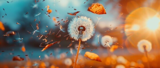In this conceptual image, dandelion seeds are blowing in the wind against a summer field background, representing change, growth, movement, and direction. - Powered by Adobe