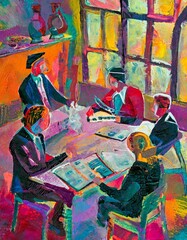 Painting of jazz musicians in a bar 