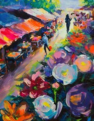abstract painting of a flower market