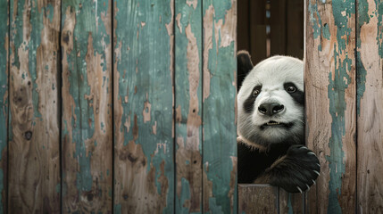 panda peeks from behind a shabby wooden corner, against a solid background with copy space