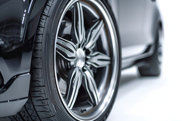 Lower front part of the car. Focus on the left front wheel. Wheel on titanium disc.