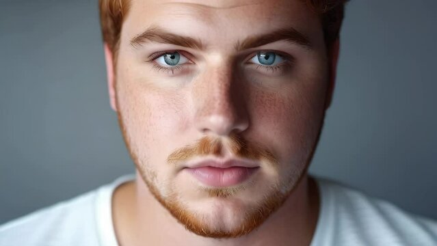 Close up portrait of handsome serious young man with freckles and blue eyes looking at camera