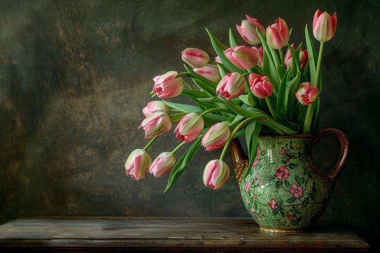 Vintage Vase with Blooming Tulips on Wooden Table