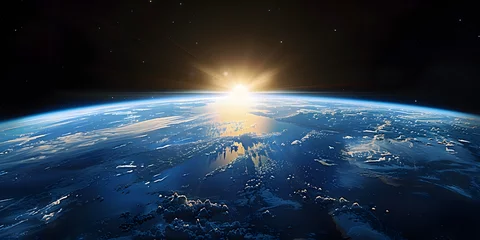 Foto op Aluminium wide shot of the earth from space, blue horizon, black sky, bright sun in upper  © 思源 蒋