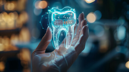 hologram of a tooth in the hand of a doctor wearing a white health coat. Medical concept, - obrazy, fototapety, plakaty