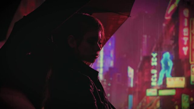 Dark shadow silhouette adult girl stands stands under umbrella in rain night city street red neon light. young woman beauty sexy face enjoys water drops falling from sky. Black trench coat raincoat 4k