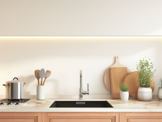 bright kitchen room interior with white wall. Eco style kitchen room with wooden and marble