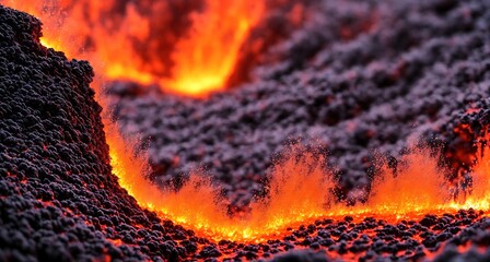 A close up of a volcano with red lava flowing out of it.
