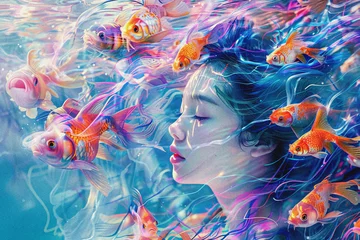 Fotobehang Surreal Aquatic Dreamscape with Woman © Oksa Art