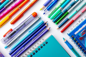 Vibrant and neatly arranged pens, pencils, and notebooks . photo on white isolated background