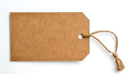 Blank brown paper tag with twine string on white background. Isolated, space for text. Ideal for price, gift or branding tags. Simple, clear and versatile design. AI