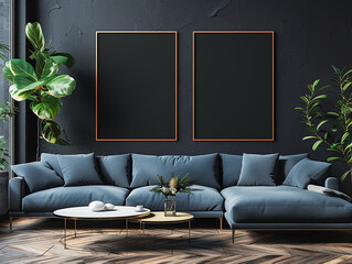 Empty two blank poster frame mockups on dark wall in modern living room 