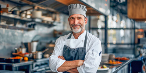 Friendly chef in restaurant kitchen with arms crossed