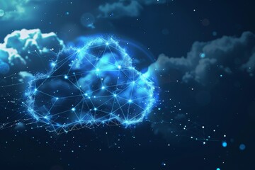 cloud and edge computing technology. Secure database storage is protected from unauthorized access and cyber threats. Polygons and interconnected global cloud network on dark blue background.