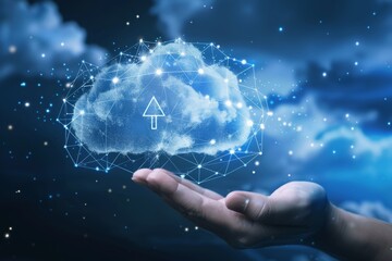 Cloud and edge computing technology concepts with cybersecurity data protection. Icon and abstract cloud above the prominent right hand. polygons connected on a dark blue background. - obrazy, fototapety, plakaty