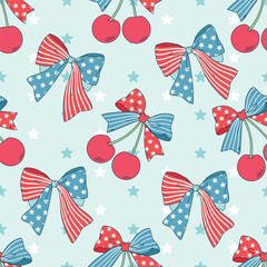 Seamless pattern of cherry with ribbon, This illustration has an American Independence Day theme. Pattern for fabric and wrapping paper, design wallpaper and fashion prints. - obrazy, fototapety, plakaty