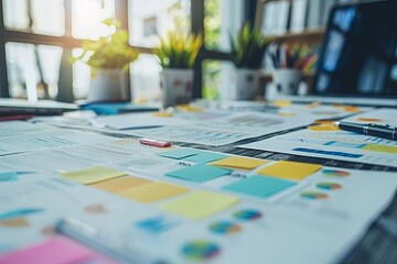 Close-up of creative workspace, colorful sticky notes and documents on desk, focused on planning, blurred background, daylight.