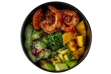 Bowl with shrimpsand vegetables on a dark background - 783219179