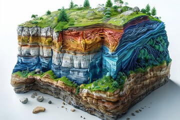Artistic rendition of the Earth cutaway, showing the geothermal energy process from the core to the surface,  Cross-section of a geological formation model, displaying vibrant, multi-layered strata .