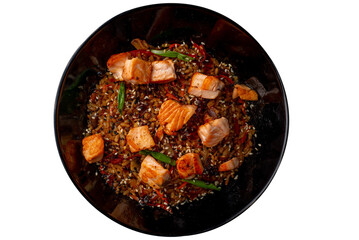 Asian fried wok rice with salmon fish - 783219754
