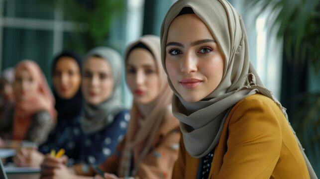 Multinational businesswomen in hijab demonstrate adaptability and agility in the meeting