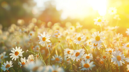 A charming vista of sunlit wild daisies amidst a radiant sunset backdrop. - obrazy, fototapety, plakaty