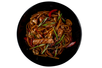 Asian wok noodles with with meat and vegetables with chopsticks on the table.