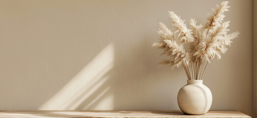 White vase with fluffy pampas grass in soft light