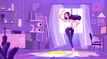 Mulher dançando em seu quarto com cores roxo - Ilustração - obrazy, fototapety, plakaty
