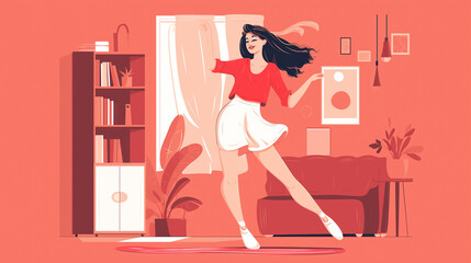 Mulher dançando em seu quarto com cores vermelho  - Ilustração - obrazy, fototapety, plakaty