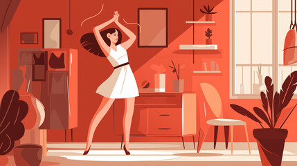 Mulher dançando em seu quarto com cores vermelho  - Ilustração - obrazy, fototapety, plakaty