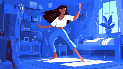 Mulher dançando em seu quarto com cores azul - Ilustração - obrazy, fototapety, plakaty