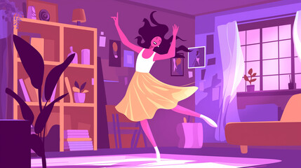 Mulher dançando em seu quarto com cores roxo - Ilustração