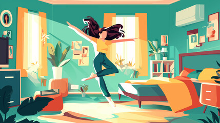 Mulher dançando em seu quarto com cores verde - Ilustração - obrazy, fototapety, plakaty