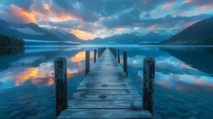 Foto auf Acrylglas A lake surrounded by mountains, a pier on the lake. Summer season. Woodland. © igbal