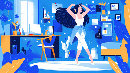 Mulher dançando em seu quarto com cores azul - Ilustração - obrazy, fototapety, plakaty
