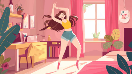 Mulher dançando em seu quarto com cores rosa - Ilustração - obrazy, fototapety, plakaty
