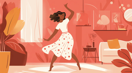 Mulher dançando em seu quarto com cores vermelho  - Ilustração