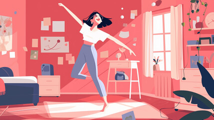 Mulher dançando em seu quarto com cores rosa - Ilustração - obrazy, fototapety, plakaty