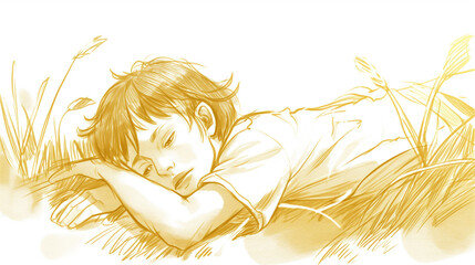Esboço de um garoto deitado na grama dormindo - Desenho - obrazy, fototapety, plakaty