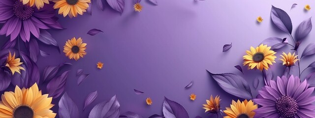 Sunflowers on a violet background with copy space.