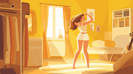 Mulher dançando em seu quarto com cores amarelo - Ilustração