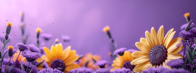Sunflowers on a violet background with copy space.