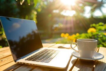 Fototapeta premium Financial business news online on laptop with coffee in sunlight, working outdoors on a sunny day