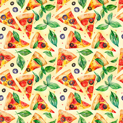 Seamless pattern watercolor pizza. Pattern for Restaurant, Bar Menu, place mats, wrapping paper. Delicious pizza slices seamless pattern