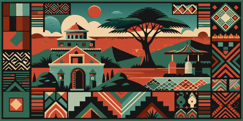 Vector panorama showcasing african landscape with traditional patterns. African background with geometric traditional pattern. Africa culture ethnic ornament for fabric or textile