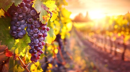 Sun-kissed Vineyard with Ripe Grapes Ready for Harvest. Warm Autumn Scene in Countryside. Agricultural and Winemaking Concept. AI
